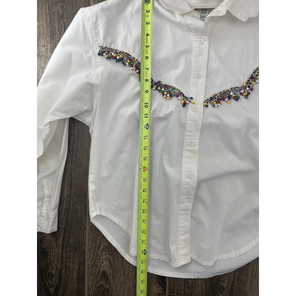 Vintage 90s Beaded Button Up Shirt Women's L White Fringe Western Funky Boho - Picture 16 of 16